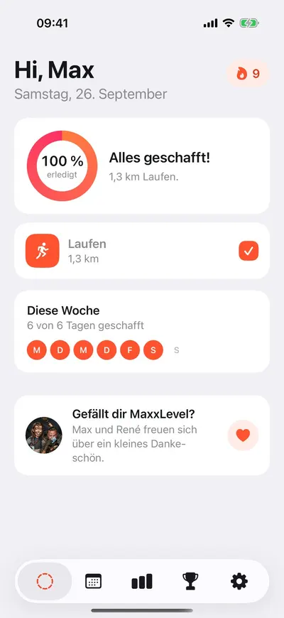 MaxxLevel App — Startbildschirm „Heute“ in Orange: Tagesziel erreicht, Serie und Wochenübersicht