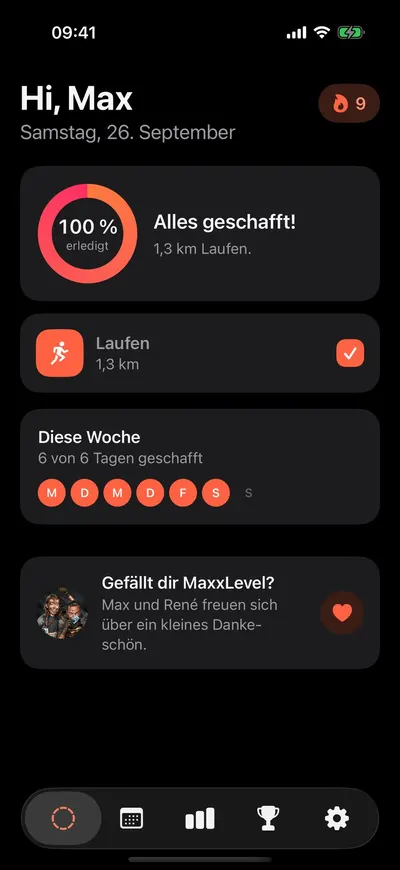 MaxxLevel App — Startbildschirm im Dunkelmodus