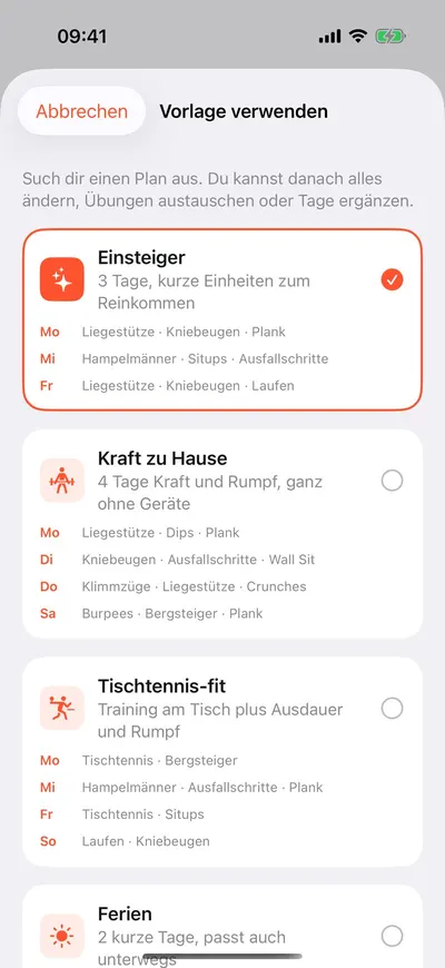 MaxxLevel App — Plan-Vorlagen: Einsteiger, Kraft zu Hause, Tischtennis-fit und Ferien