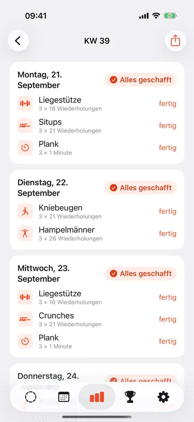 MaxxLevel App — Wochenansicht (KW 39) mit allen geschafften Übungen