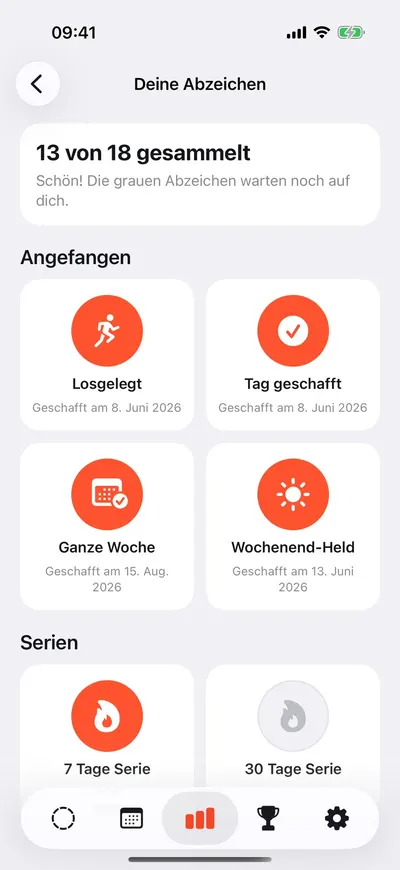 MaxxLevel App — Abzeichen: 13 von 18 gesammelt, dazu Serien