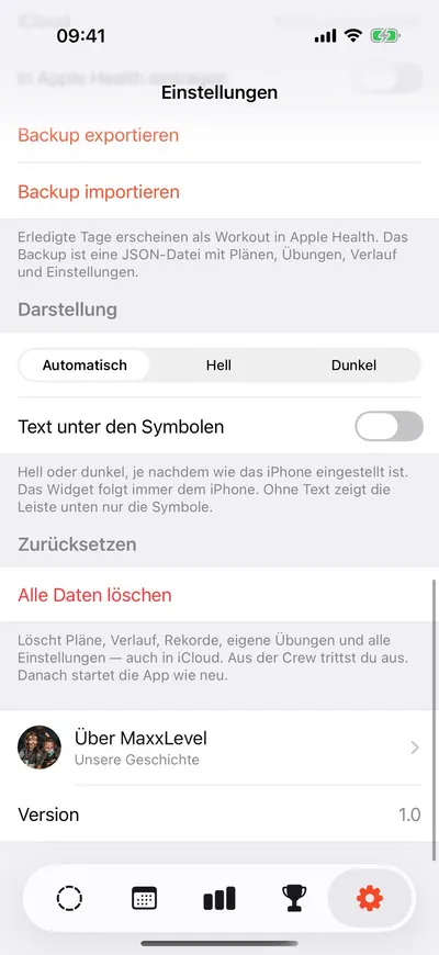 MaxxLevel App — Einstellungen: Backup, Darstellung und Zurücksetzen
