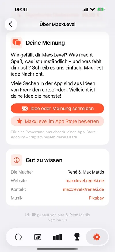 MaxxLevel App — Seite „Über MaxxLevel“ mit Feedback-Möglichkeit