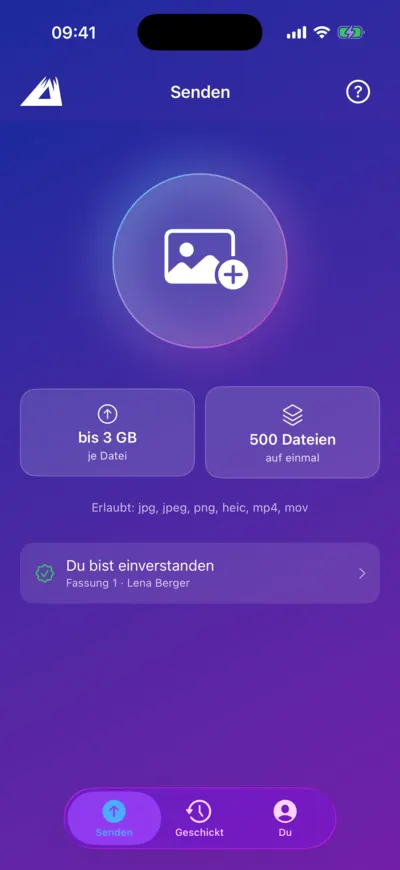 LANAKILA Media App — Senden-Bildschirm mit Auswahl von Fotos und Videos