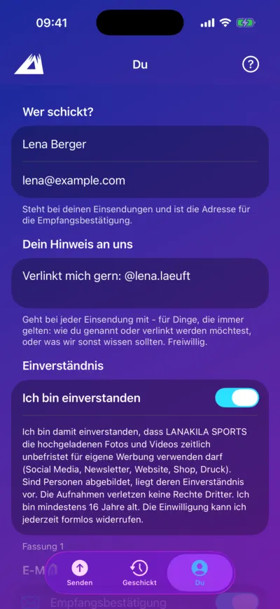 LANAKILA Media App — Bereich „Du“ mit Absenderdaten, Hinweis und Einverständnis
