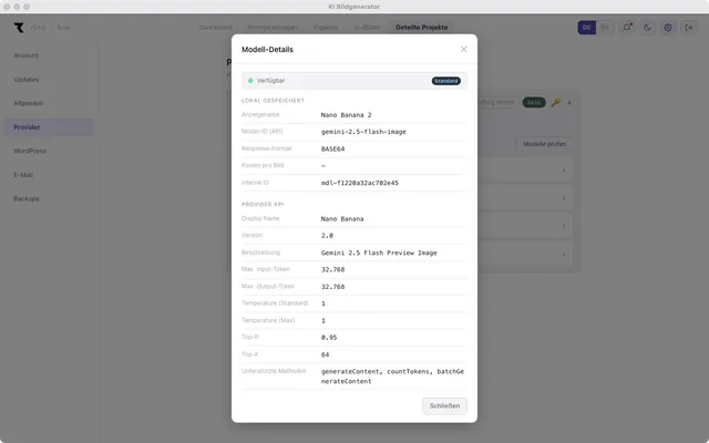 RENEKI KI-Bildgenerierung — Dialog mit den Details eines KI-Modells
