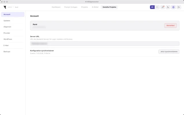 RENEKI KI-Bildgenerierung — Einstellungen: Account und Server-Konfiguration