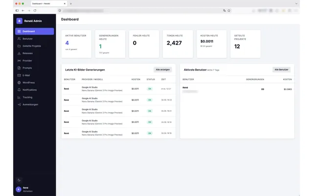 RENEKI KI-Bildgenerierung — Web-Administration: Dashboard mit Kennzahlen und letzten Generierungen