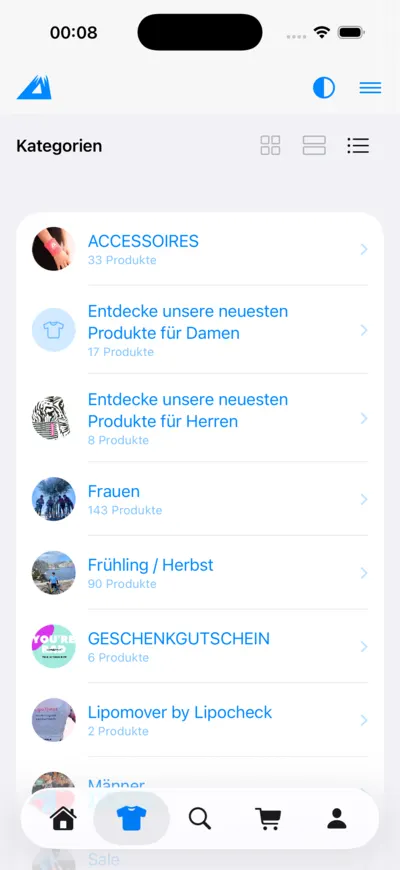 LANAKILA Shopping App — Kategorienliste mit Accessoires, Frauen, Frühling/Herbst und Geschenkgutscheinen
