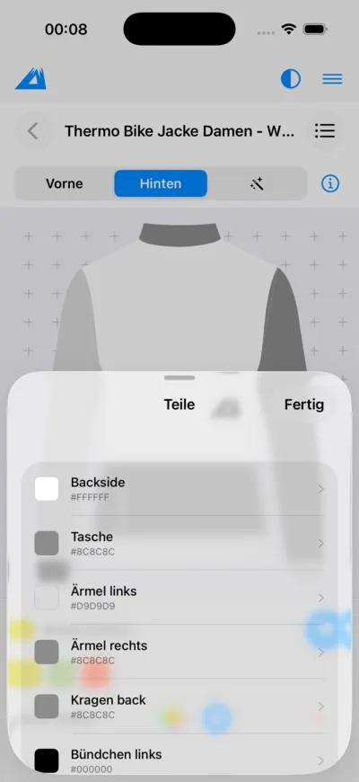 LANAKILA Shopping App — Teileliste im Editor: Rückseite, Tasche, Ärmel, Kragen und Bündchen einzeln einfärben