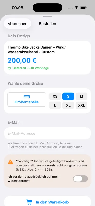 LANAKILA Shopping App — Bestellansicht für das eigene Design mit Größenwahl und Preis