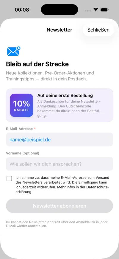 LANAKILA Shopping App — Newsletter-Anmeldung mit 10 % Rabatt auf die erste Bestellung