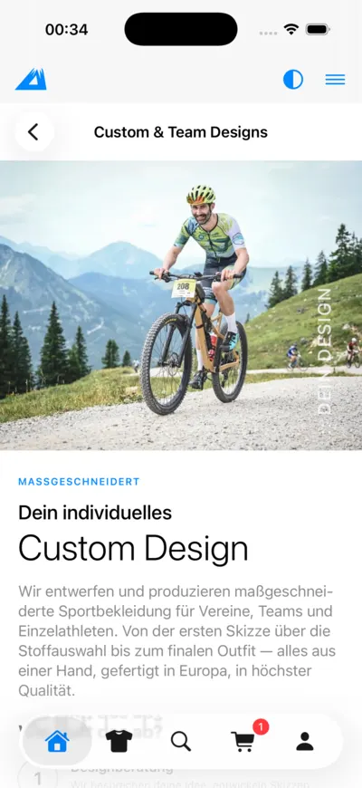 LANAKILA Shopping App — Seite „Custom & Team Designs“ mit Titelbild und Beschreibung