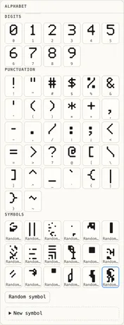 TypeGrid: eigene Pixel-Schriften gestalten, direkt im Browser. — Zufällig erzeugte Symbole: Punkte, Flächen, Linien und Pfade