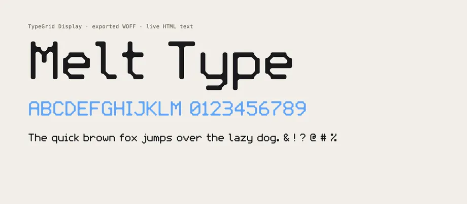 TypeGrid: eigene Pixel-Schriften gestalten, direkt im Browser. — Die exportierte WOFF-Schrift als echter Webfont auf einer HTML-Seite – markierbarer Text, keine Grafik