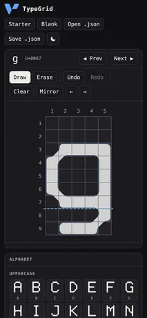 TypeGrid: eigene Pixel-Schriften gestalten, direkt im Browser. — Auf dem Handy: Editor und Alphabet untereinander, per Touch bedienbar