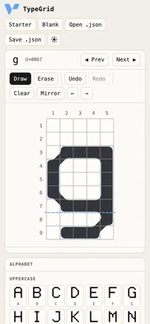 TypeGrid: eigene Pixel-Schriften gestalten, direkt im Browser. — Auf dem Handy: Editor und Alphabet untereinander, per Touch bedienbar